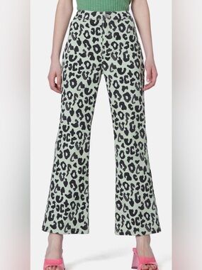 Gorman Green Leopard Print Cropped Jeans Pink Logo Patch Size 10